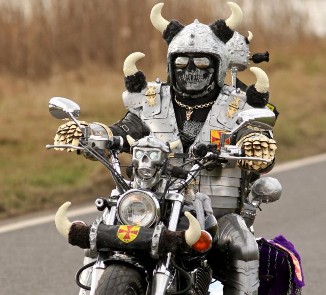 Mark Slater, aka ' Viker Biker', from Peterborough, Cambridgeshire, rides his Yamaha DragStar XVS 1100, through Whittlesey in Cambridgeshire. PRESS ASSOCIATION Photo. Picture date: Tuesday March 16, 2010. The former oil rig worker who dresses as a Viking and cruises the roads on a motorbike is back in the saddle after a crash. See PA Story TRANSPORT Viking. Photo credit should read: Chris Radburn/PA Wire